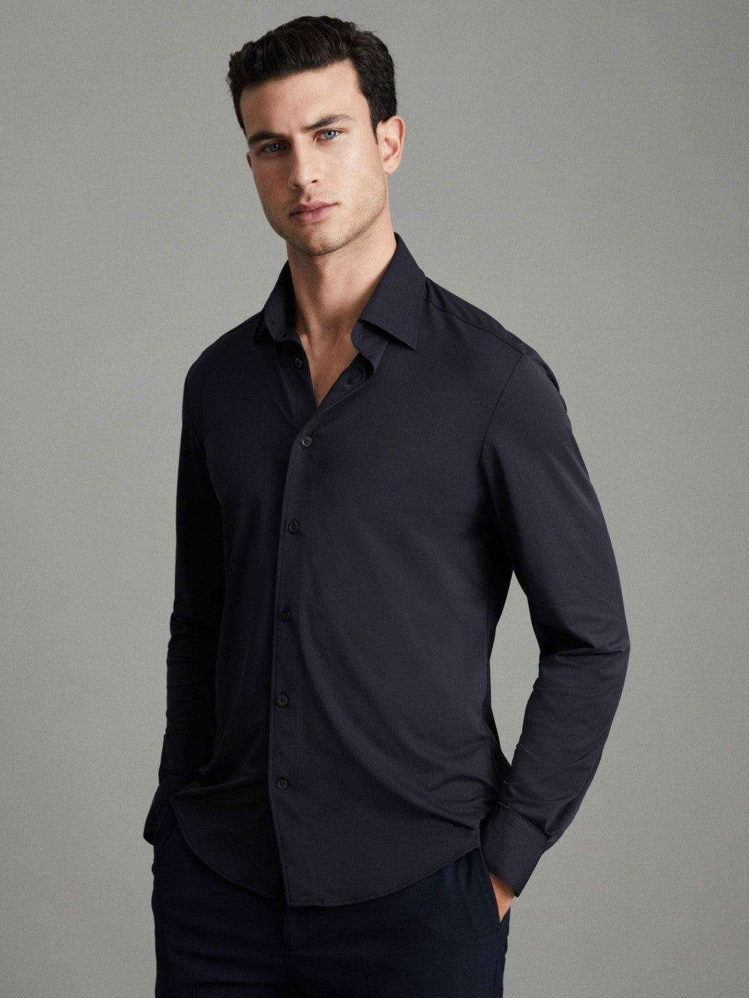 Regular Fit Button-Through Travel Shirt in Navy | Reiss Men Popular
