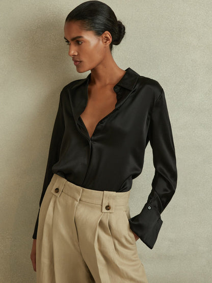 Petite Silk Double-Cuff Button-Through Shirt in Black | Reiss Women Exclusive