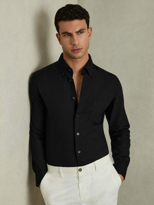Slim-Fit Button-Down Collar Cotton Oxford Shirt in Black | Reiss Men Trending