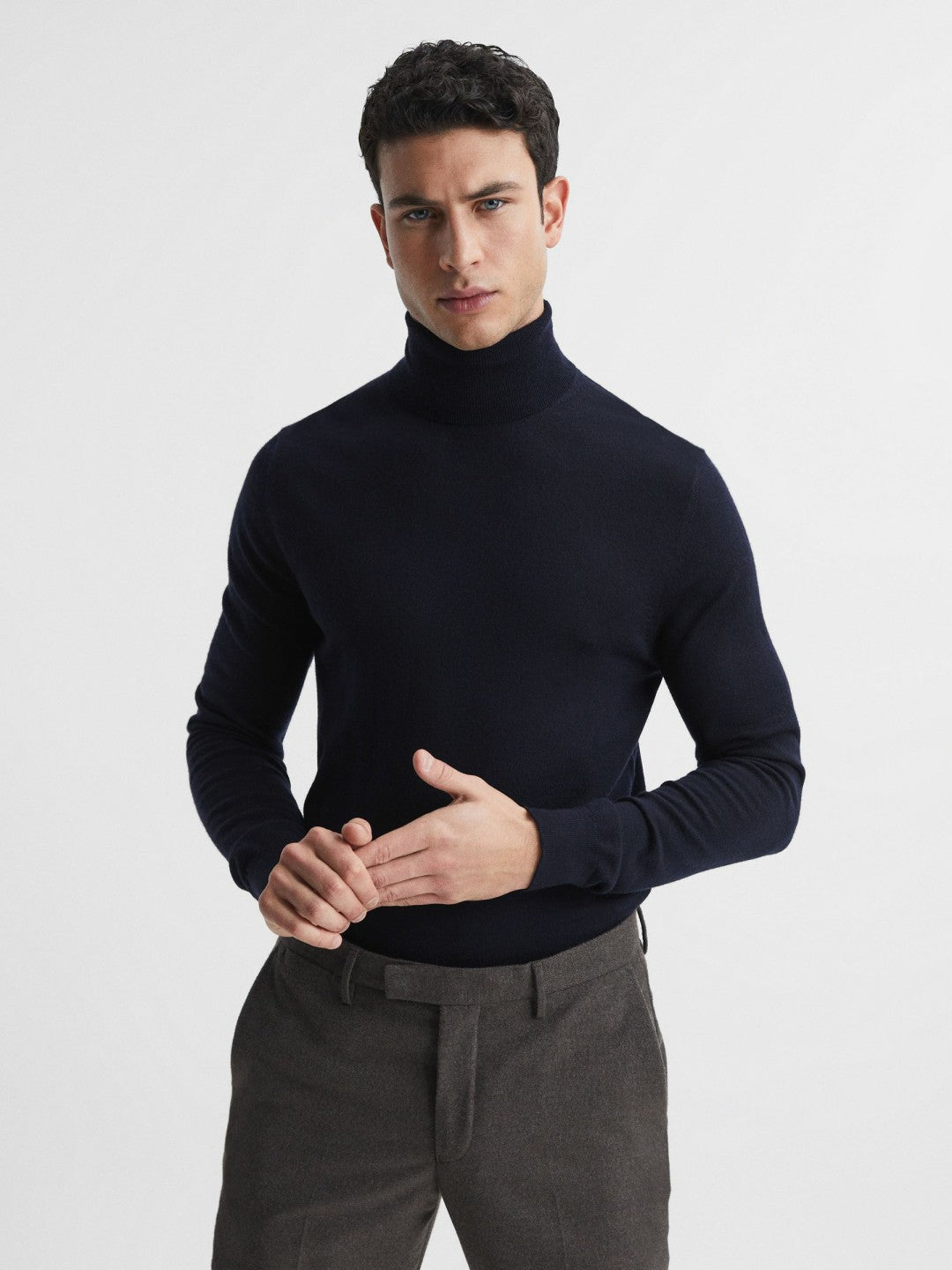 Slim Fit Merino Wool Roll Neck Jumper in Navy | Reiss Men Trending
