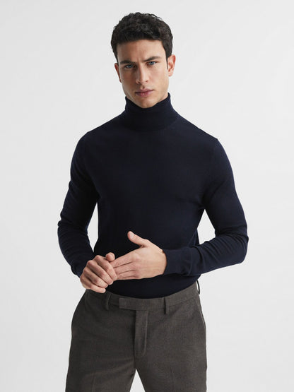 Slim Fit Merino Wool Roll Neck Jumper in Navy | Reiss Men Trending