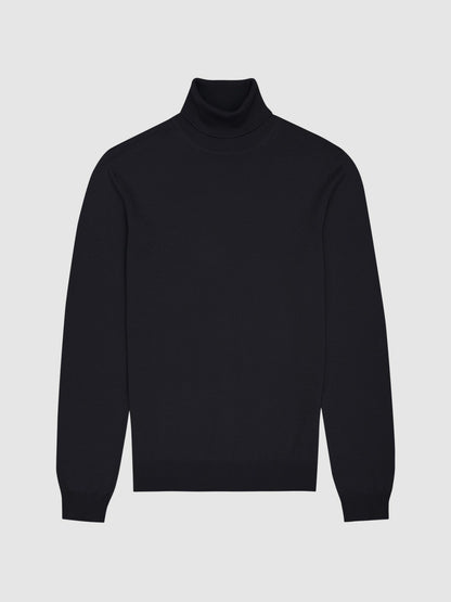 Slim Fit Merino Wool Roll Neck Jumper in Navy | Reiss Men Trending