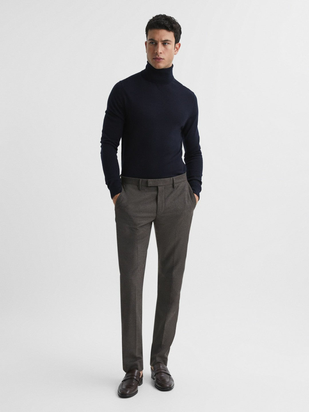 Slim Fit Merino Wool Roll Neck Jumper in Navy | Reiss Men Trending