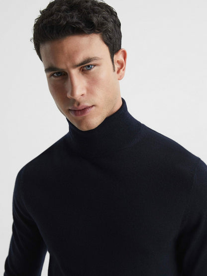 Slim Fit Merino Wool Roll Neck Jumper in Navy | Reiss Men Trending