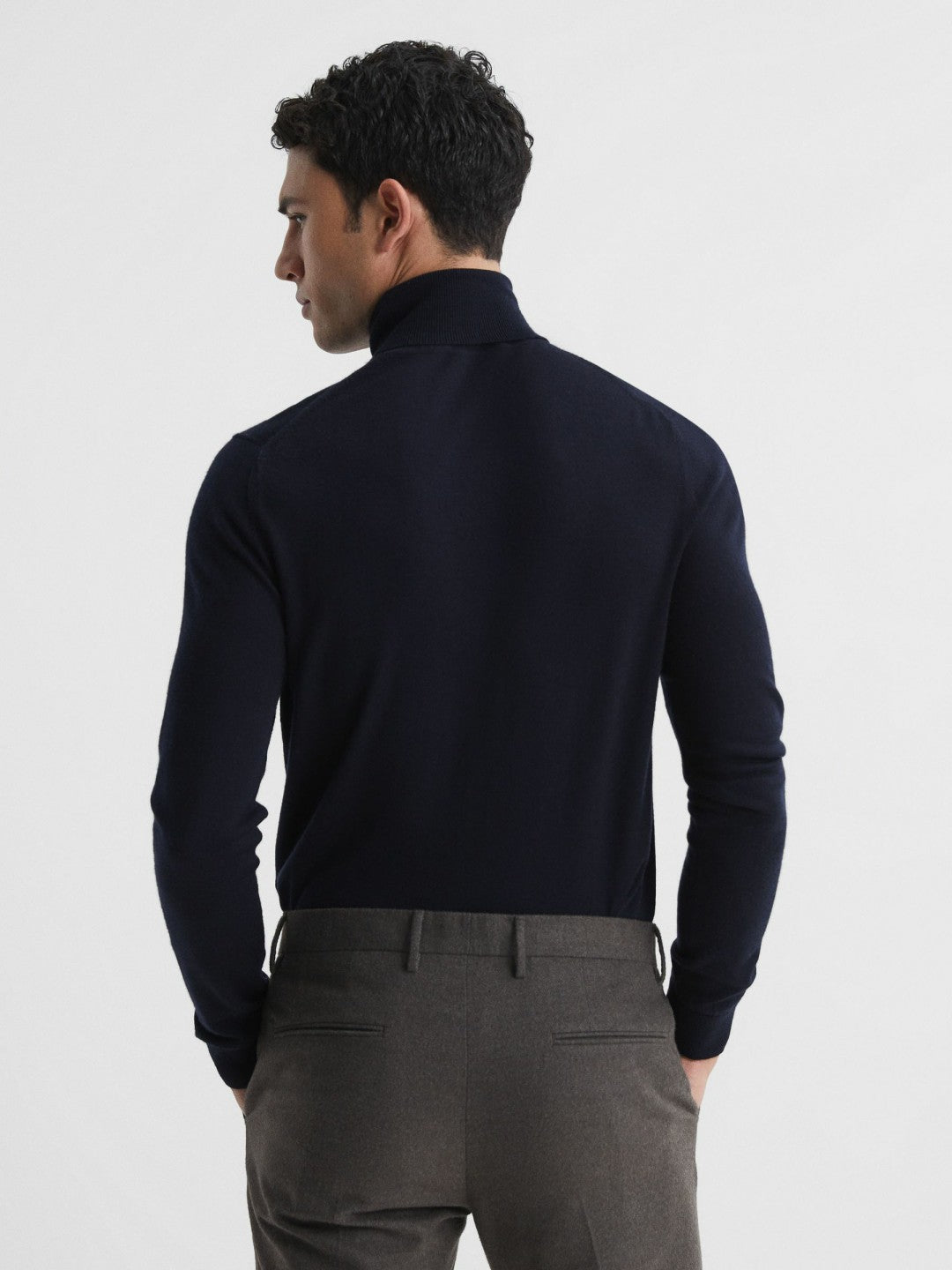 Slim Fit Merino Wool Roll Neck Jumper in Navy | Reiss Men Trending