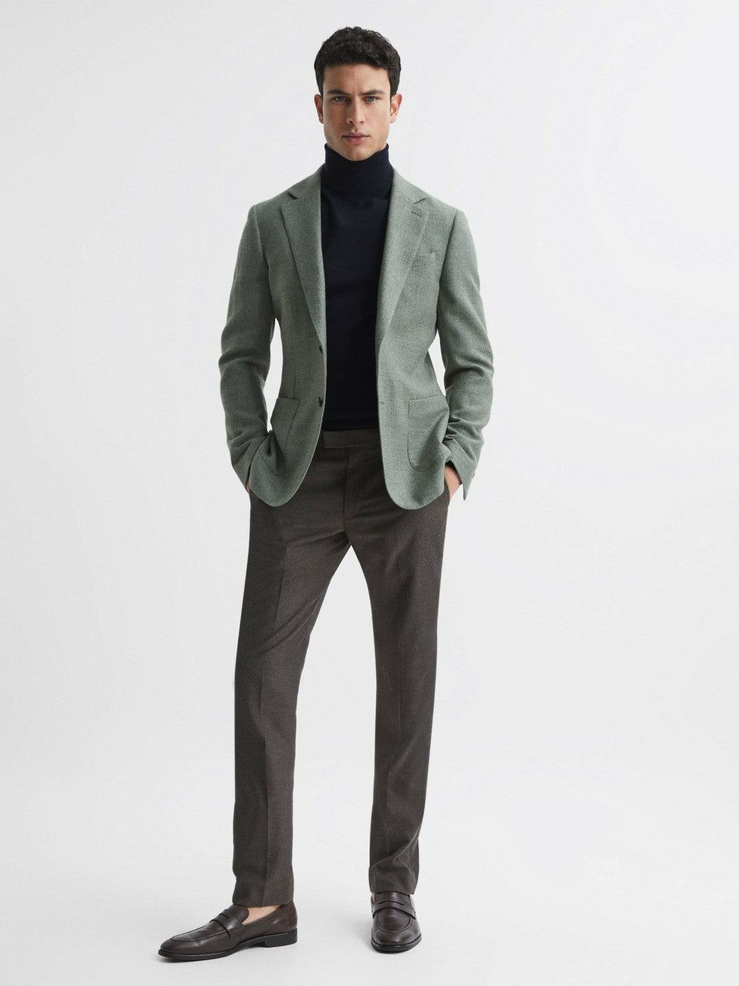 Slim Fit Merino Wool Roll Neck Jumper in Navy | Reiss Men Trending