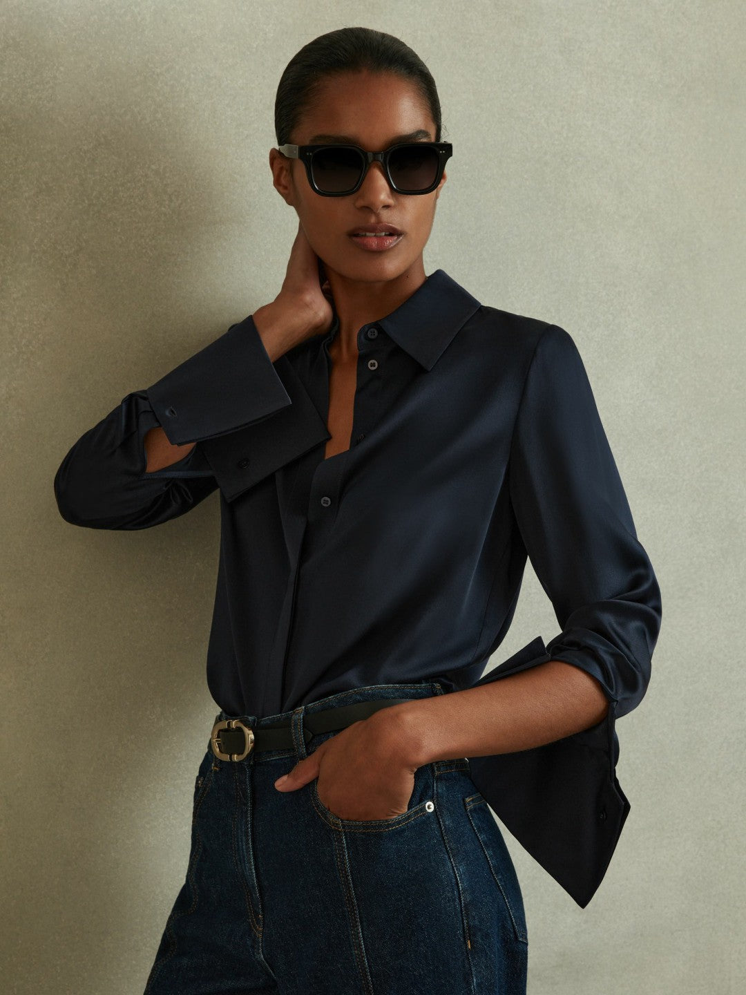 Silk Double-Cuff Button-Through Shirt in Navy | Reiss Women Best Seller