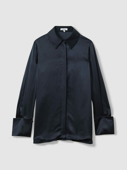 Silk Double-Cuff Button-Through Shirt in Navy | Reiss Women Best Seller