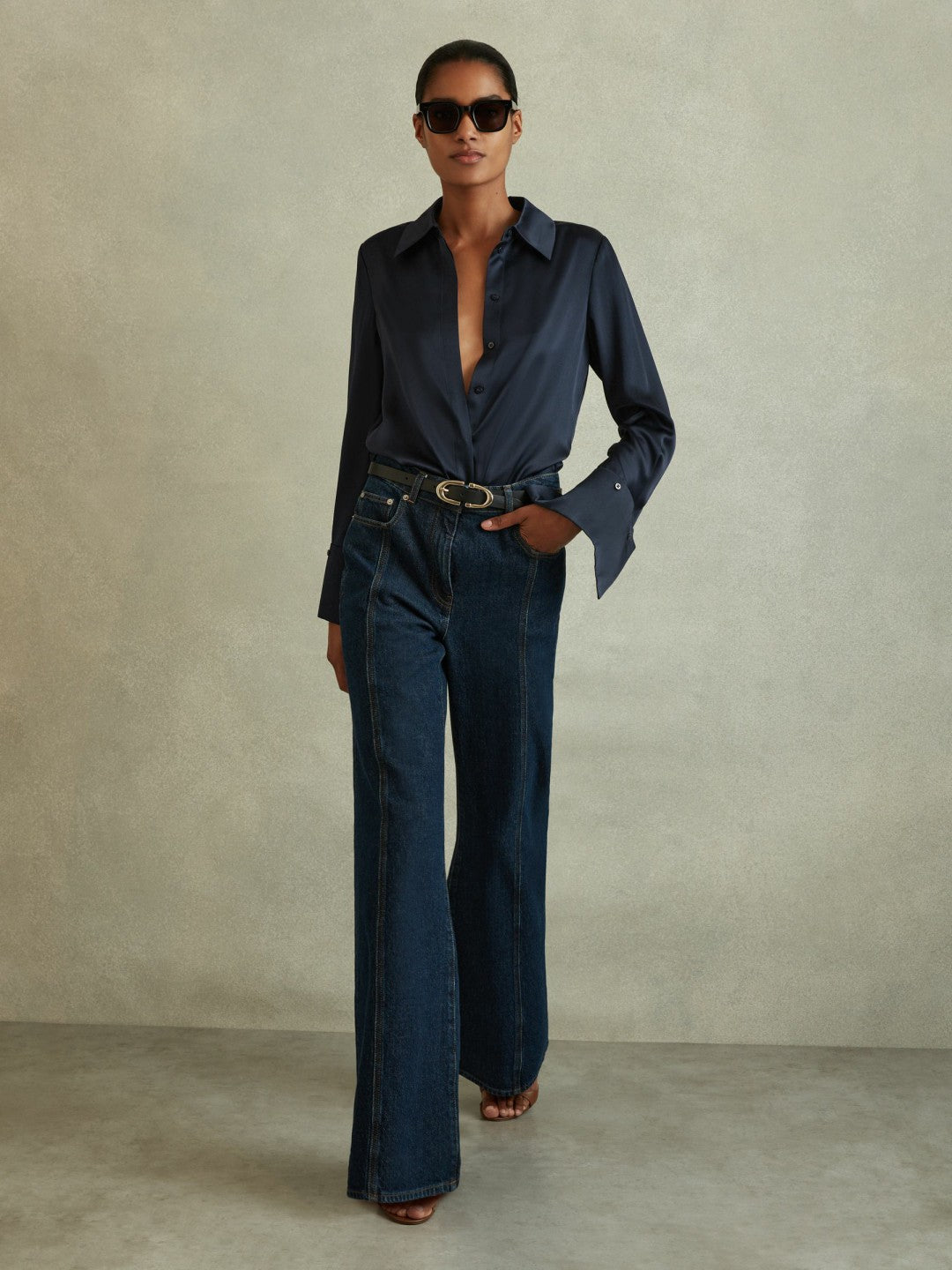 Silk Double-Cuff Button-Through Shirt in Navy | Reiss Women Best Seller