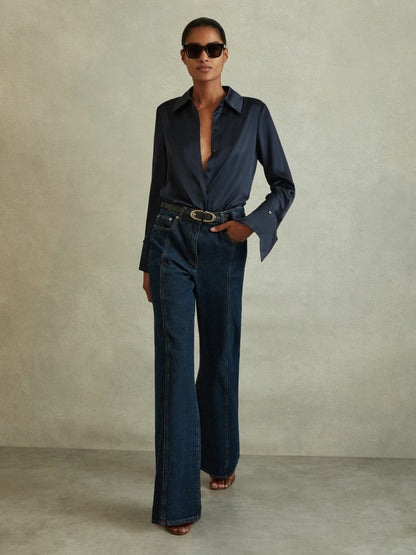 Silk Double-Cuff Button-Through Shirt in Navy | Reiss Women Best Seller