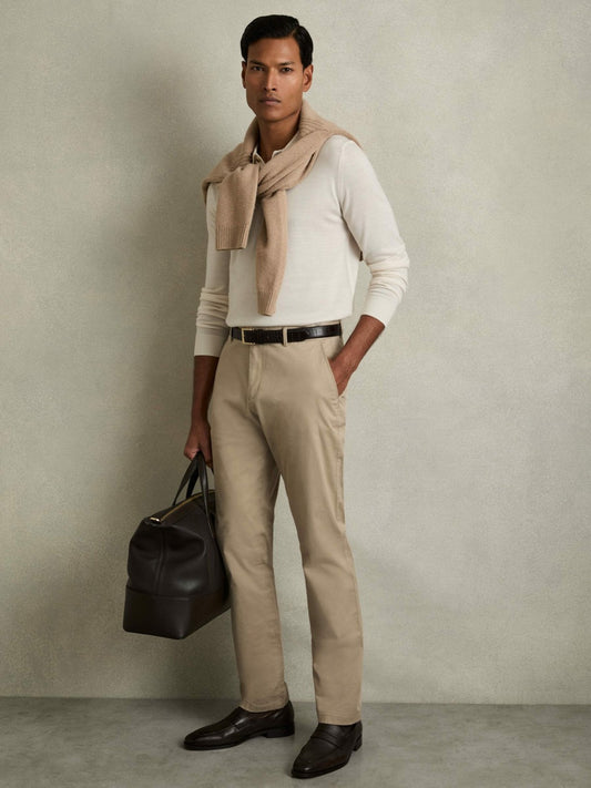 Slim Fit Washed Cotton Blend Chinos in Stone | Reiss Men New