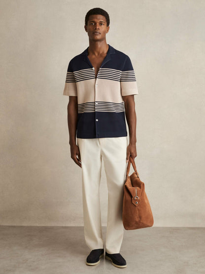 Stripe Textured-Knit Cuban-Collar Shirt in Navy/Stone | Reiss Men New