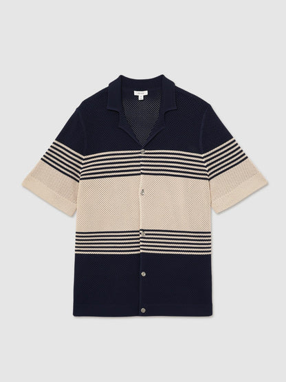 Stripe Textured-Knit Cuban-Collar Shirt in Navy/Stone | Reiss Men New