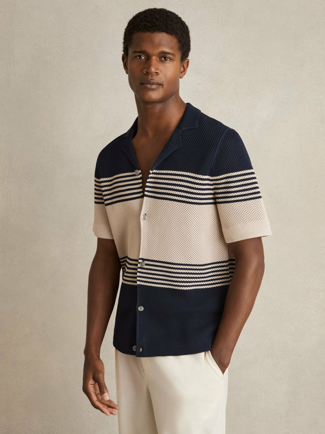 Stripe Textured-Knit Cuban-Collar Shirt in Navy/Stone | Reiss Men New