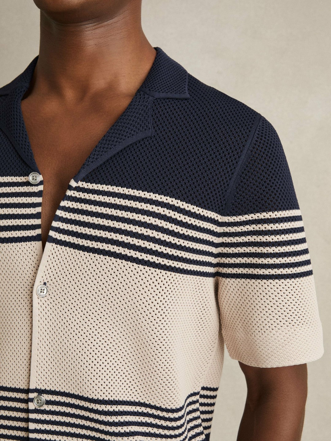 Stripe Textured-Knit Cuban-Collar Shirt in Navy/Stone | Reiss Men New