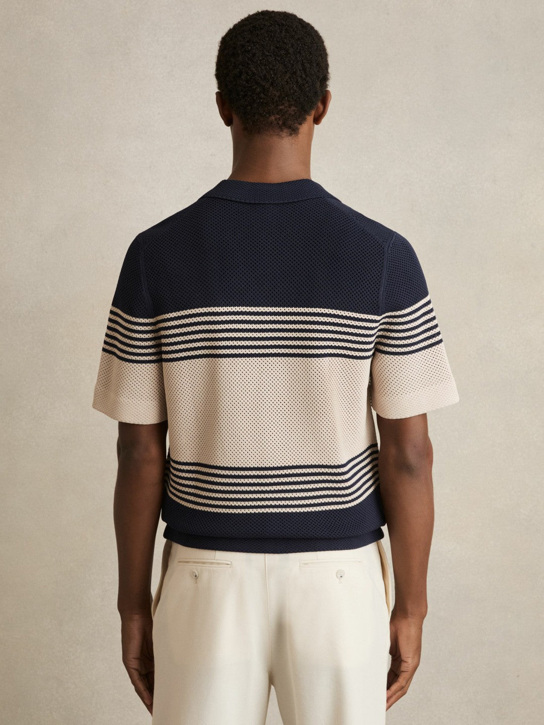Stripe Textured-Knit Cuban-Collar Shirt in Navy/Stone | Reiss Men New