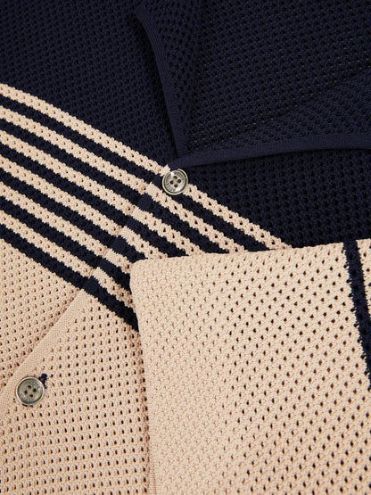 Stripe Textured-Knit Cuban-Collar Shirt in Navy/Stone | Reiss Men New