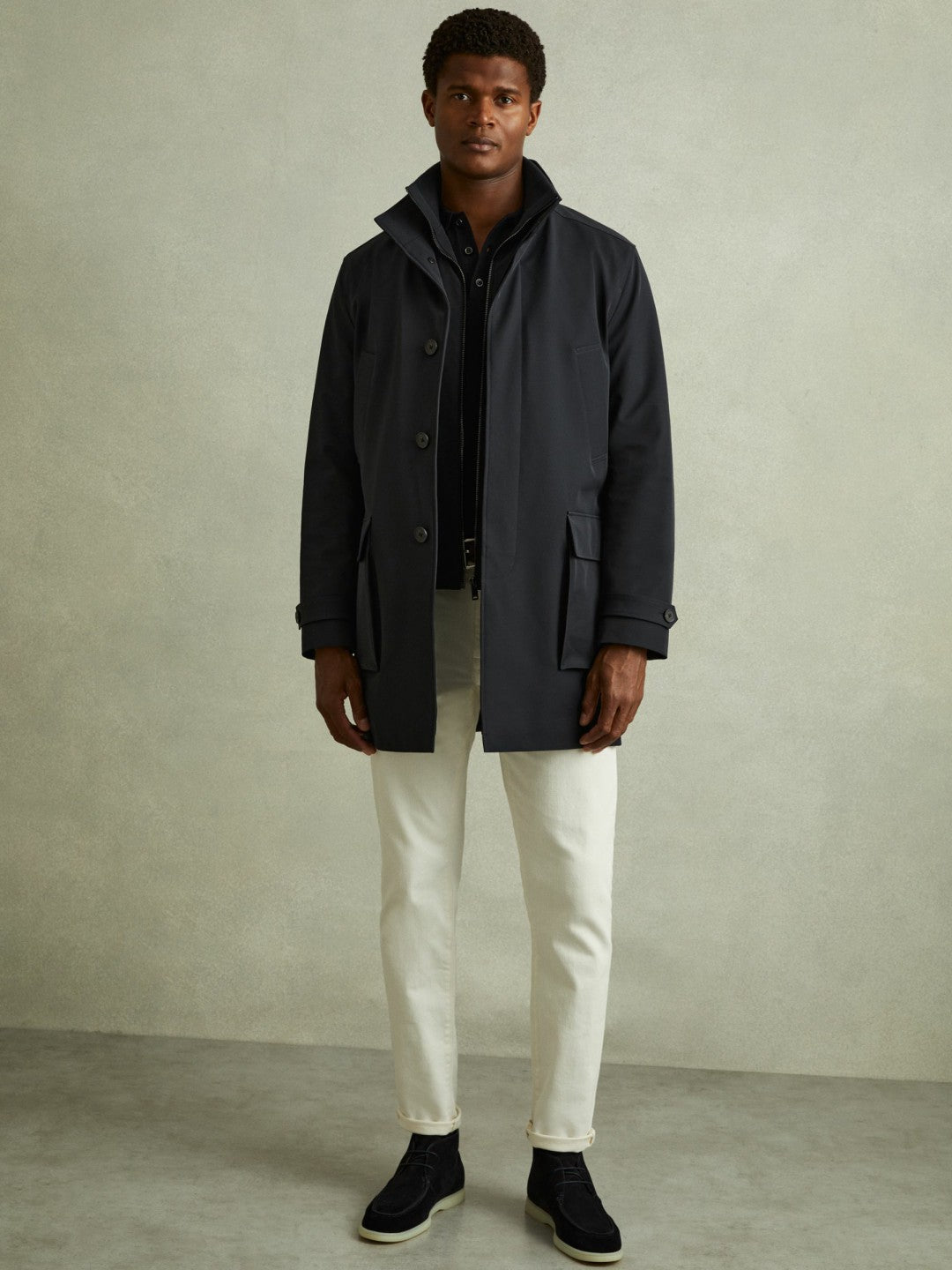 Hybrid Removable Funnel Neck Overcoat in Navy | Reiss Men Recommended