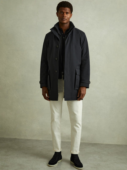 Hybrid Removable Funnel Neck Overcoat in Navy | Reiss Men Recommended