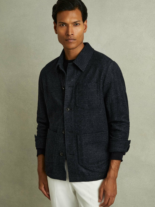 Checked Button Through Worker Jacket in Navy Melange | Reiss Men Best Seller