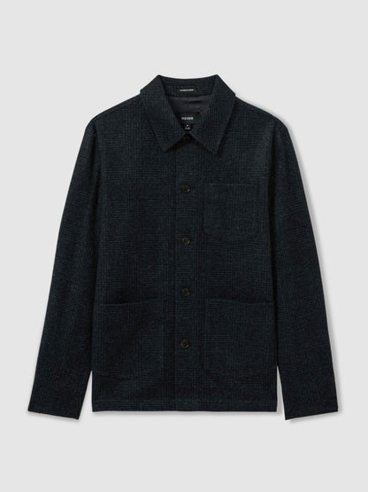 Checked Button Through Worker Jacket in Navy Melange | Reiss Men Best Seller