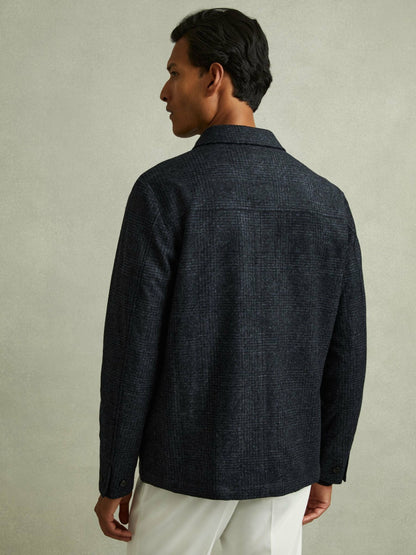 Checked Button Through Worker Jacket in Navy Melange | Reiss Men Best Seller