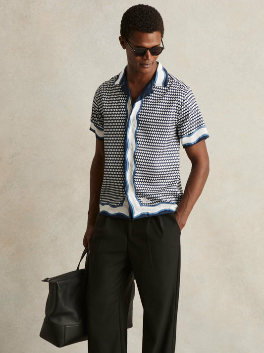 Geometric-Print Cuban-Collar Shirt in White/Navy | Reiss Men Best Seller