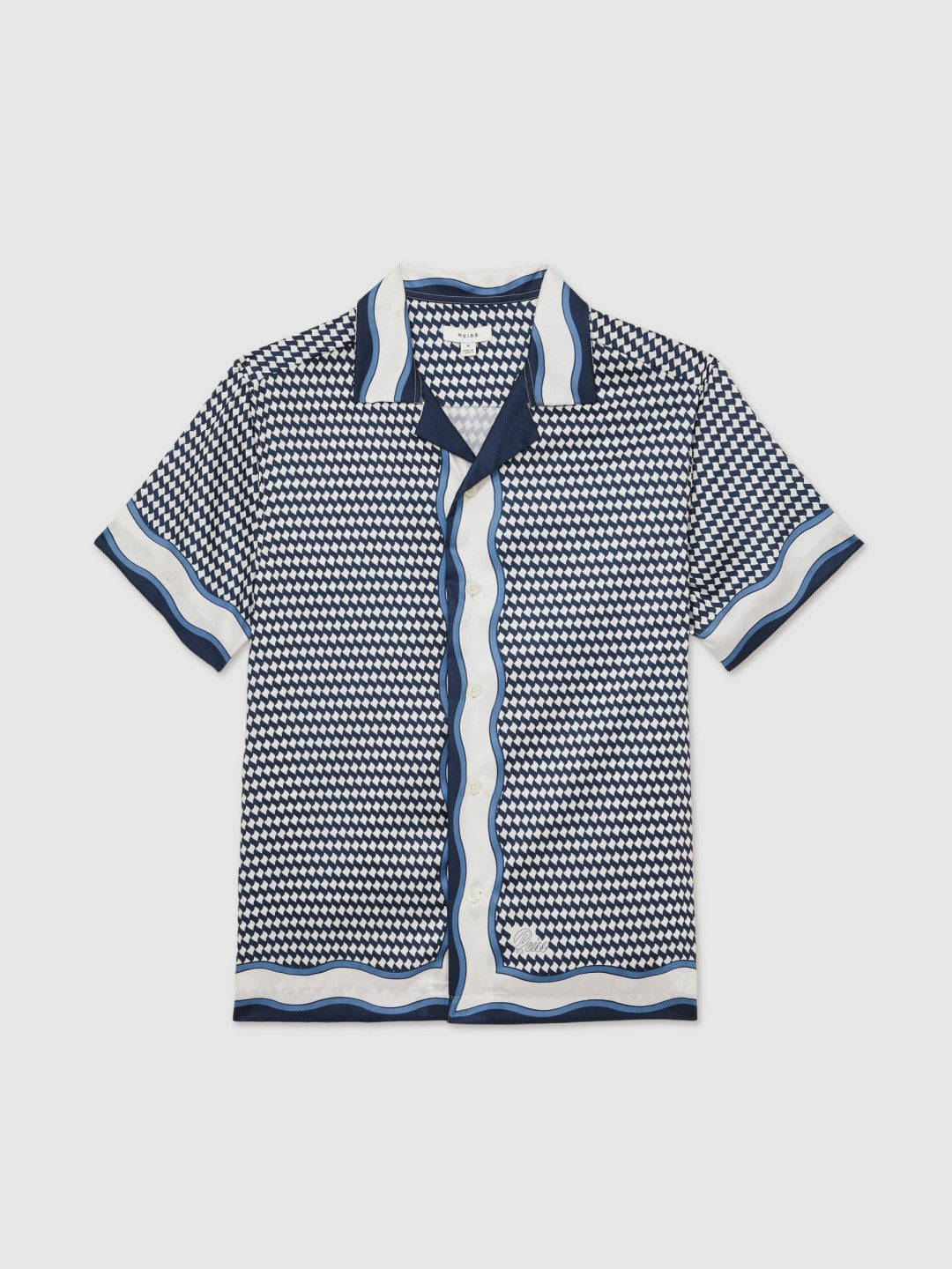 Geometric-Print Cuban-Collar Shirt in White/Navy | Reiss Men Best Seller