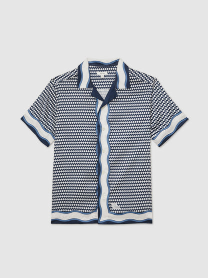 Geometric-Print Cuban-Collar Shirt in White/Navy | Reiss Men Best Seller