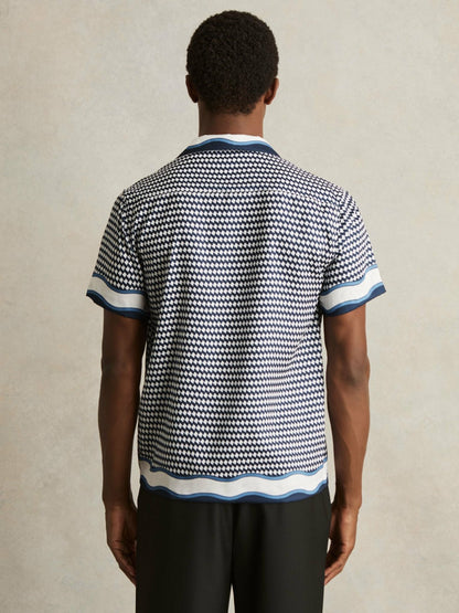 Geometric-Print Cuban-Collar Shirt in White/Navy | Reiss Men Best Seller