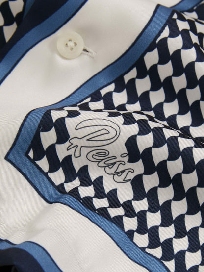 Geometric-Print Cuban-Collar Shirt in White/Navy | Reiss Men Best Seller