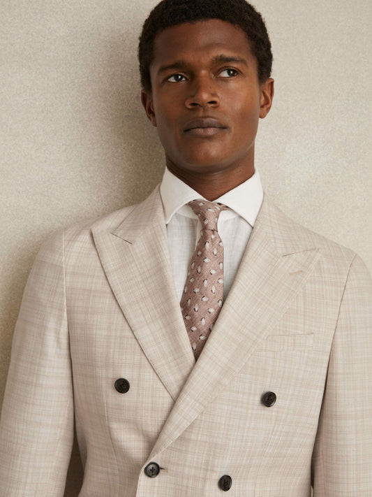 Double-Breasted Check Suit Blazer Regular-Fit in Stone | Reiss Men Trending