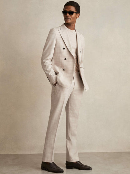 Double-Breasted Check Suit Blazer Regular-Fit in Stone | Reiss Men Trending