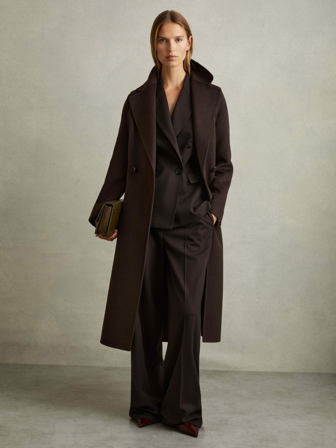 Petite Wool Blend Double Breasted Blindseam Coat in Chocolate | Reiss Women New