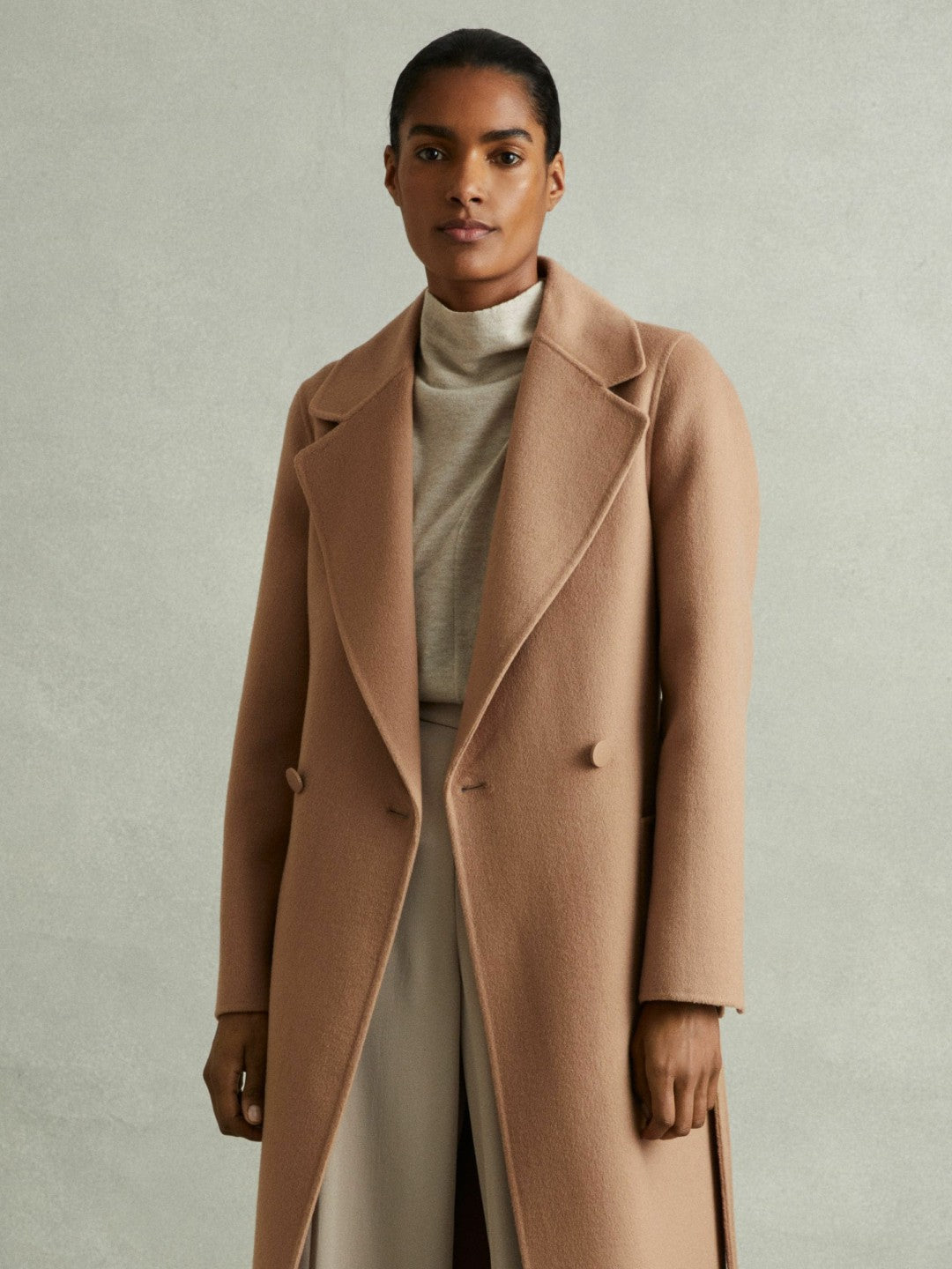 Petite Wool Blend Double Breasted Blindseam Coat in Light Camel | Reiss Women Exclusive