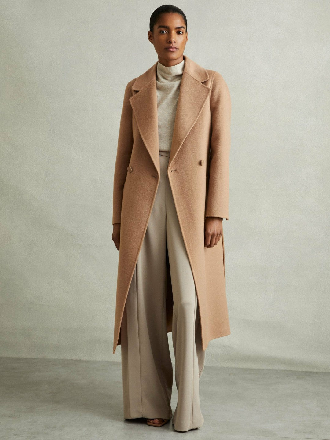 Petite Wool Blend Double Breasted Blindseam Coat in Light Camel | Reiss Women Exclusive