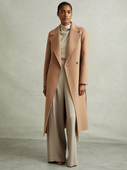 Wool Blend Double Breasted Blindseam Coat in Light Camel | Reiss Women Signature