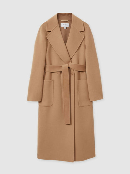 Wool Blend Double Breasted Blindseam Coat in Light Camel | Reiss Women Signature
