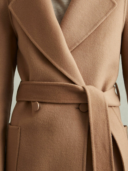 Wool Blend Double Breasted Blindseam Coat in Light Camel | Reiss Women Signature