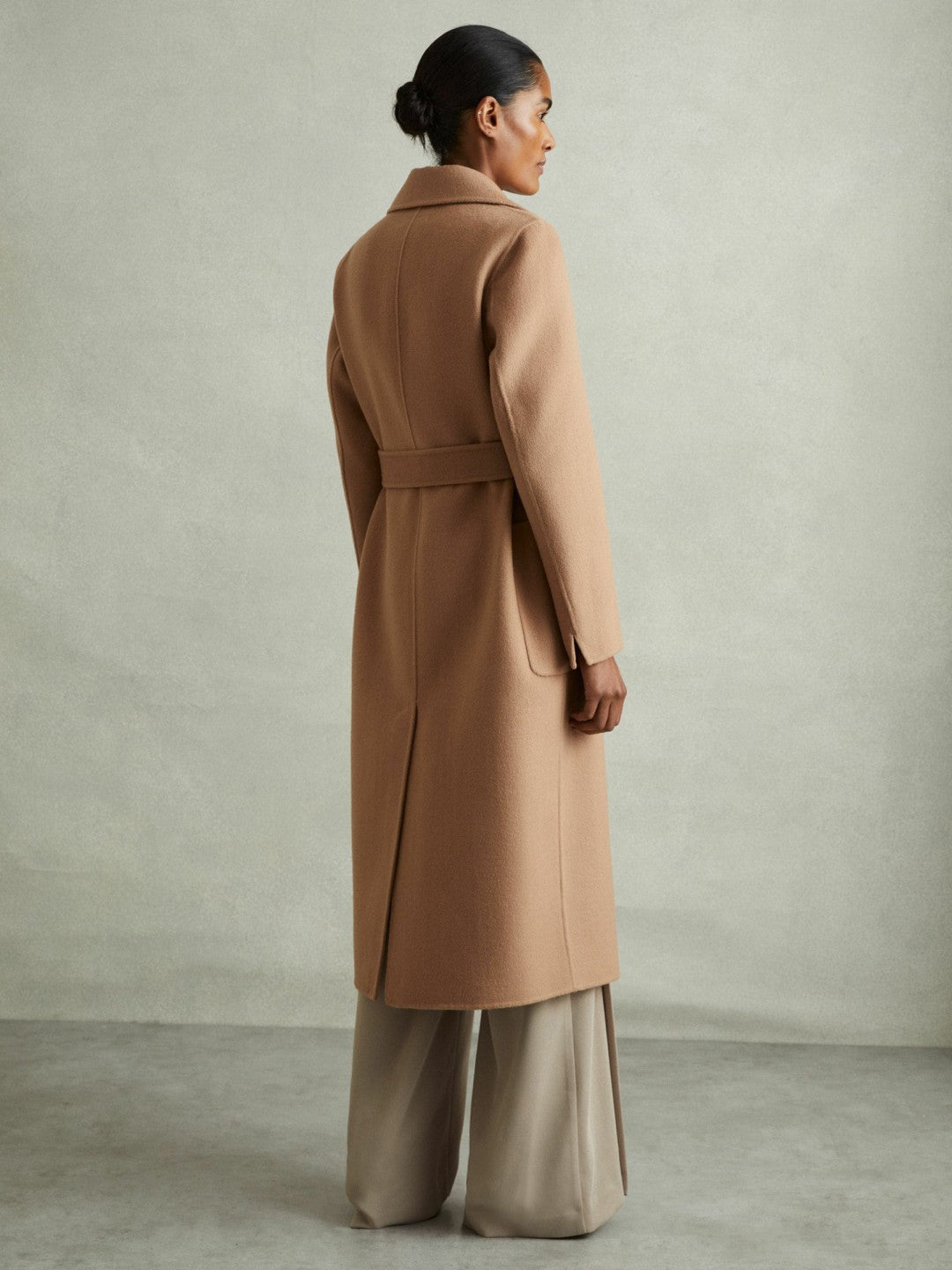 Wool Blend Double Breasted Blindseam Coat in Light Camel | Reiss Women Signature
