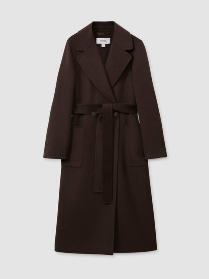 Wool Blend Double Breasted Blindseam Coat in Chocolate | Reiss Women Exclusive