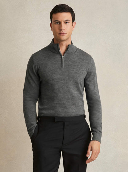 Merino Wool Half-Zip Jumper in Derby Grey Marl | Reiss Men Trending