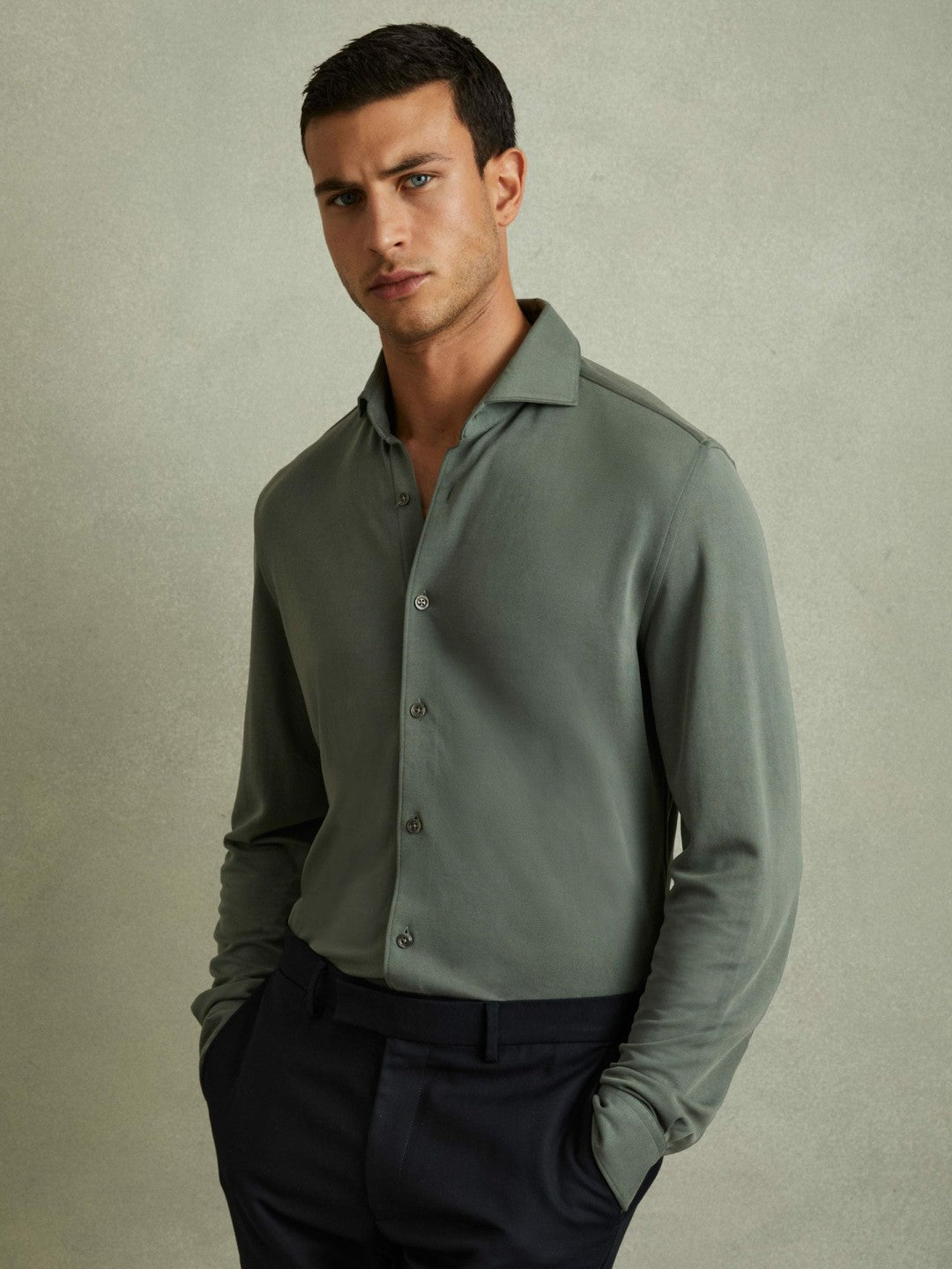 Modal Blend Cutaway Collar Shirt in Green Smoke | Reiss Men Signature
