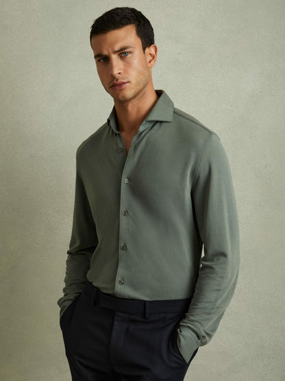 Modal Blend Cutaway Collar Shirt in Green Smoke | Reiss Men Signature