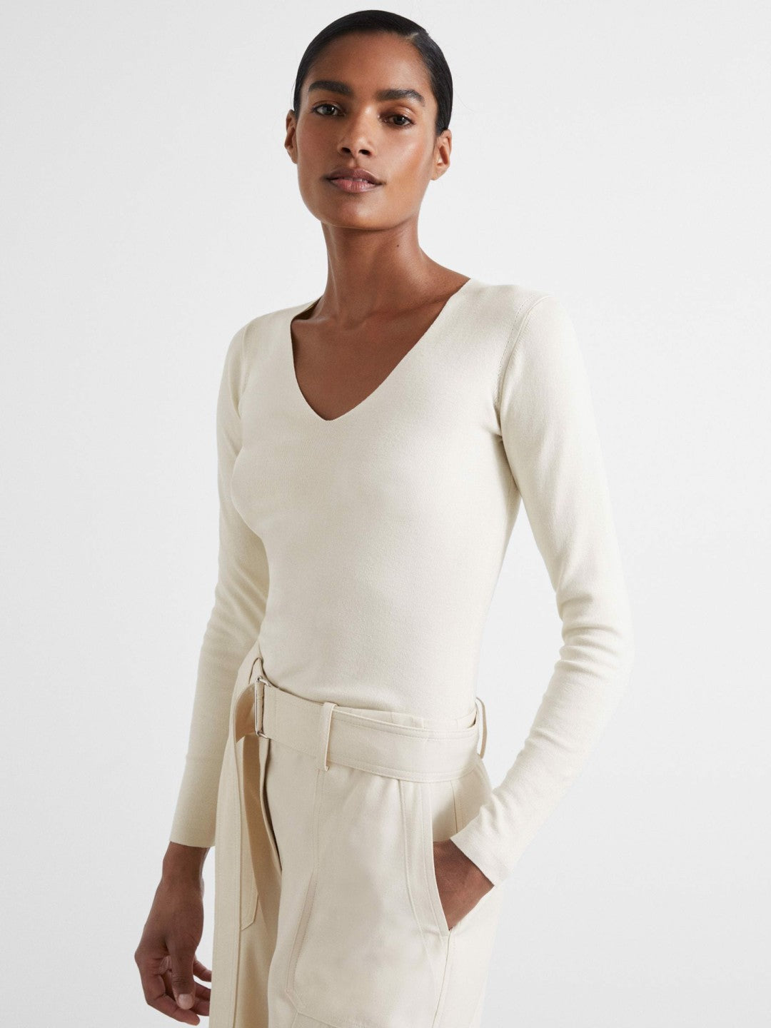 Atelier Knitted Silk-Blend Top in Off White | Reiss Women Exclusive