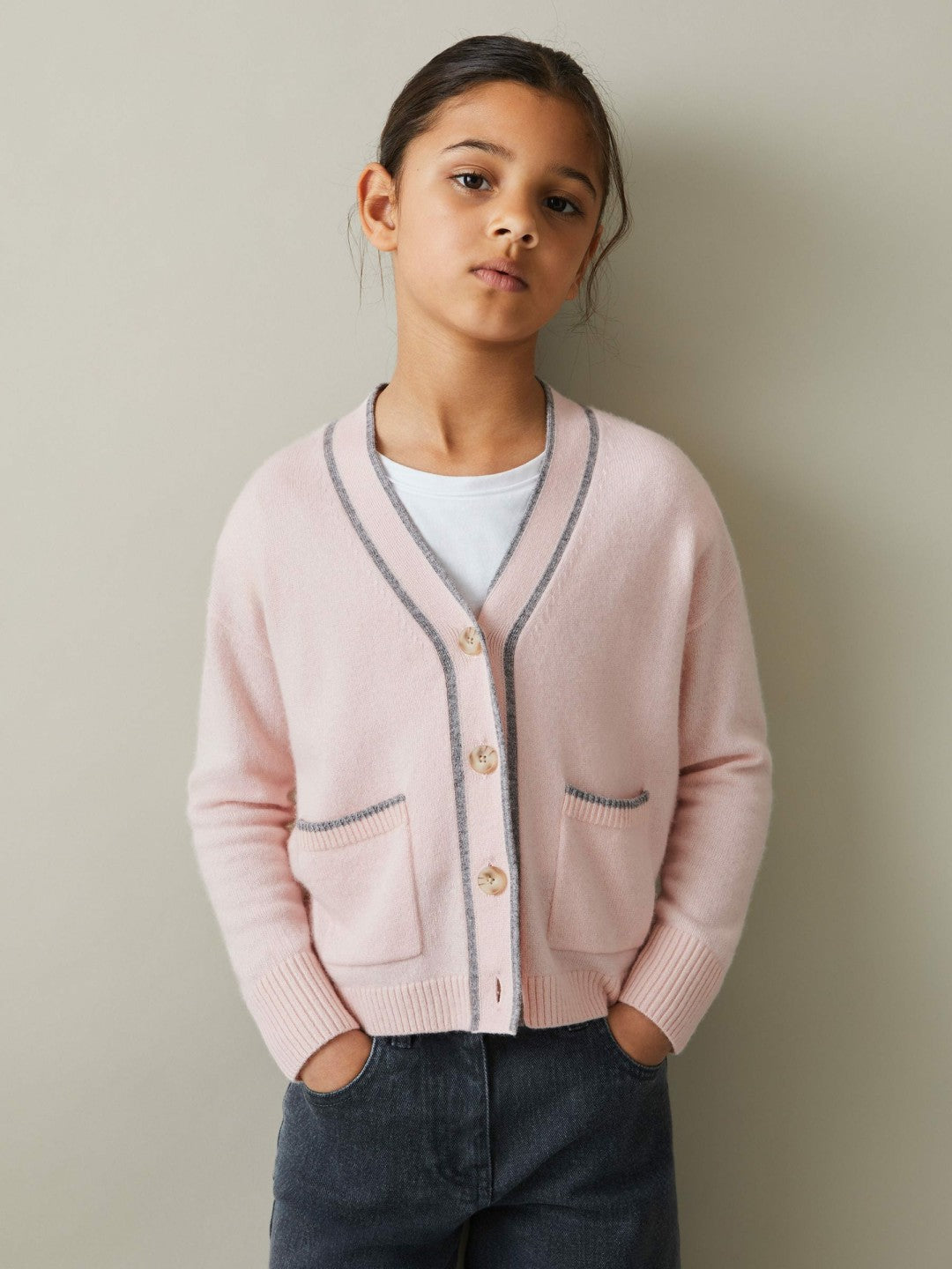 9-13 yrs Wool-Blend Stripe-Detail Cardigan With Cashmere in Pink | Reiss Children & Baby Signature