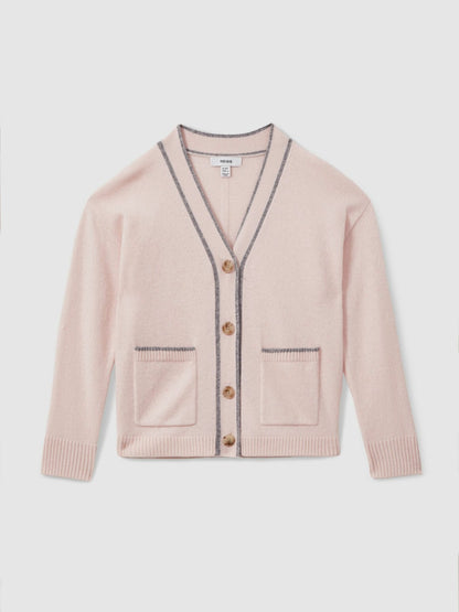 9-13 yrs Wool-Blend Stripe-Detail Cardigan With Cashmere in Pink | Reiss Children & Baby Signature