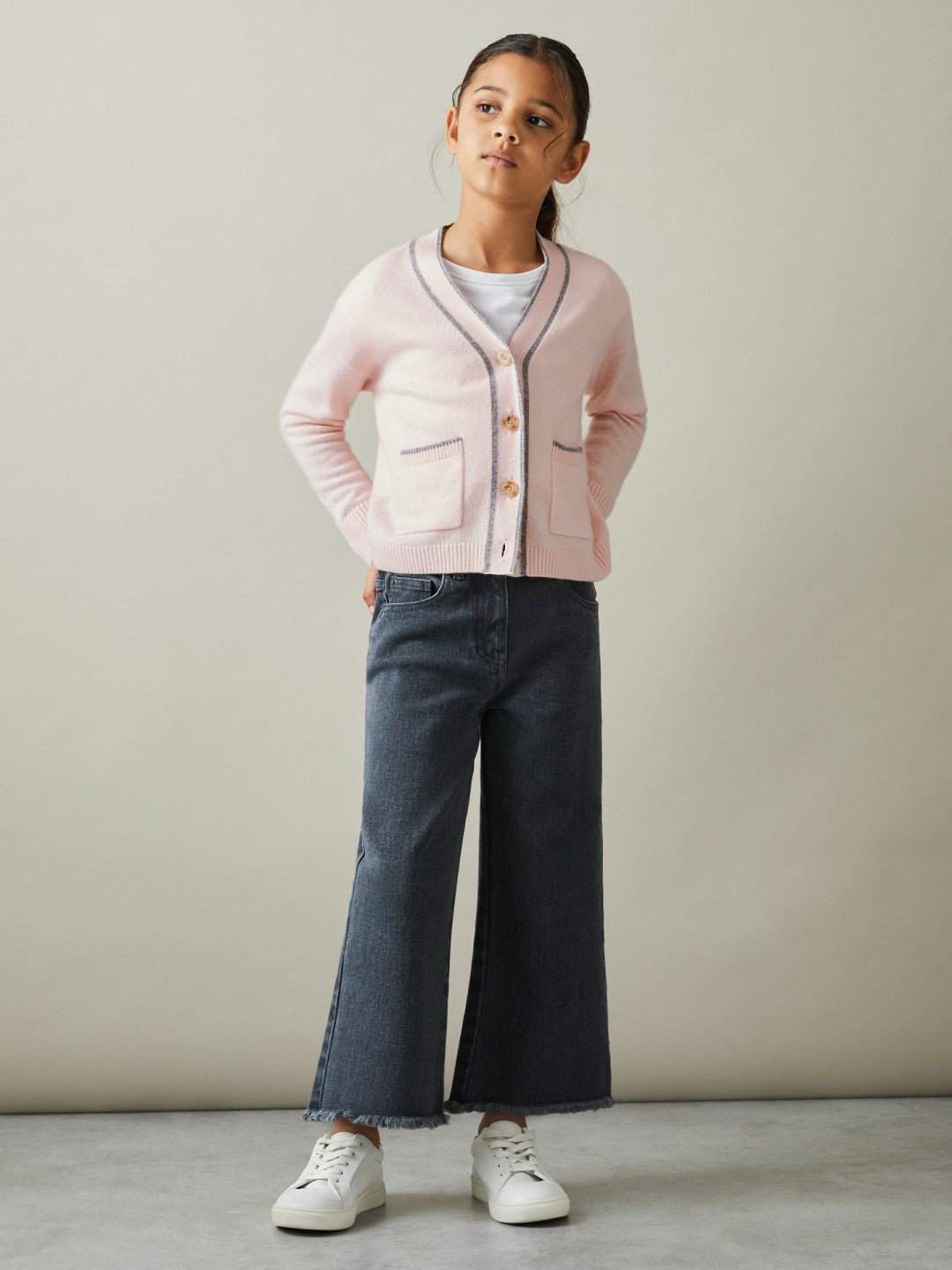 9-13 yrs Wool-Blend Stripe-Detail Cardigan With Cashmere in Pink | Reiss Children & Baby Signature