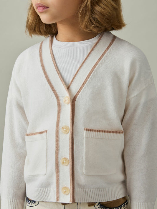 9-13 yrs Wool-Blend Stripe-Detail Cardigan With Cashmere in Cream | Reiss Children & Baby Exclusive