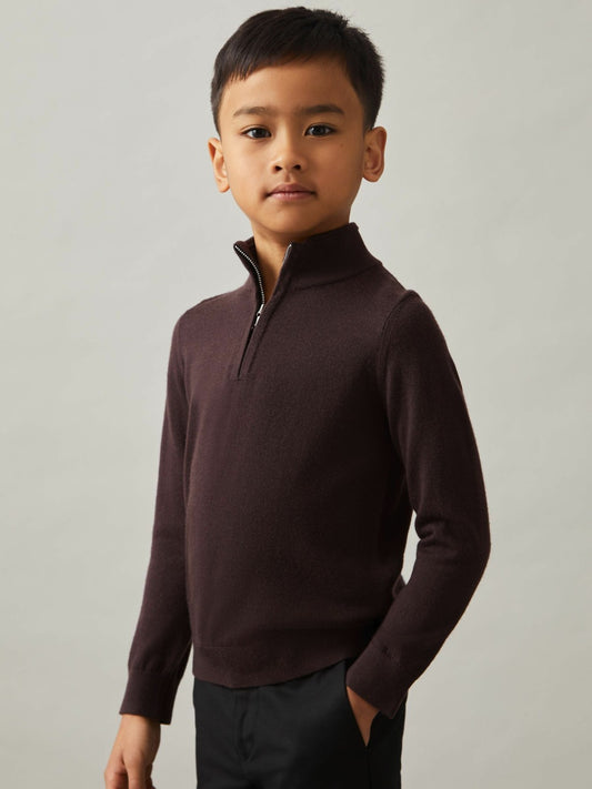 3-9 yrs Merino Wool Half-Zip Funnel Neck Jumper in Dark Bordeaux | Reiss Children & Baby Trending